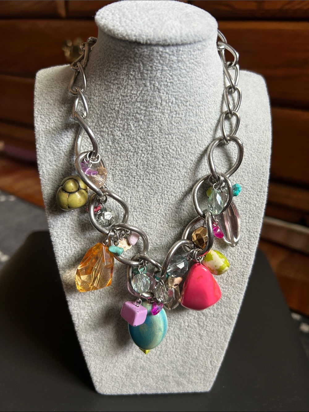 Colorful Multi-Charm Statement Necklace - Pink, Turquoise & Yellow